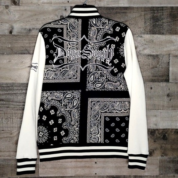 Black Paisley & Cream Dogg Supply Snoop Dogg Embroidered Varsity Jacket Sz Small - Picture 1 of 3